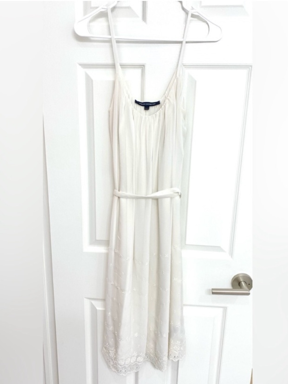 NWOT - French Connection White Embroidered Knee Length Dress w/ Waist Tie